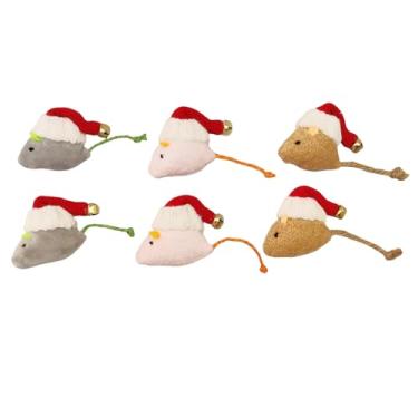 Imagem de Pacote com 6 brinquedos de Natal para ratos de erva-dos-gatos – Chapéu de crochê feito à mão com sino, ratos de pelúcia preenchidos com erva-dos-gatos para brincadeiras interativas e diversão nas