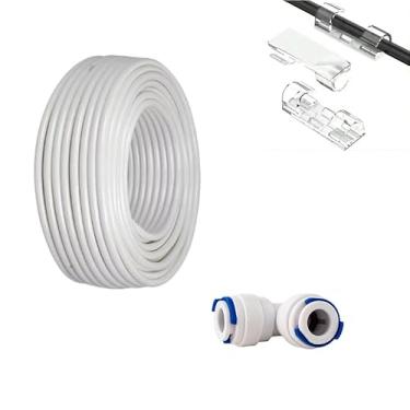 Imagem de Conexão Engate Rápido União L 1/4 + Mangueira Atóxica 1/4 + Clips Adesivo para Organizar Mangueiras (Engate Branco/Azul, 05 Metros Mangueira e 10 Clips)