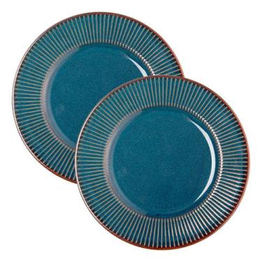 Imagem de Jogo 2 Prato de Sobremesa Ceramica Azul Linear Rústico 20cm Lyor