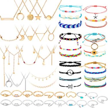 Imagem de Batiyeer 60 peças Pulseira de fio de onda de surfista em camadas gargantilha colar com pingente ajustável multicamadas corrente ajustável pulseira ajustável tornozeleira corda de girassol anéis articulados (brilhante), Metal