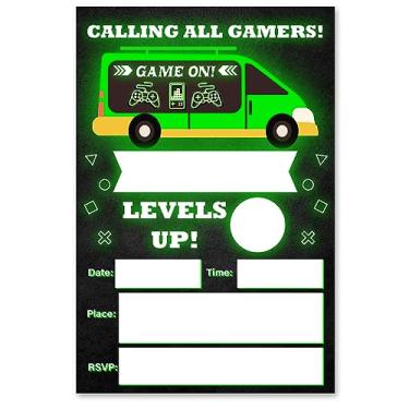 Imagem de VAHATAN Convites de aniversário de videogame, 20 pacotes, convites de videogame com envelopes, convites de festa de caminhão para jogos