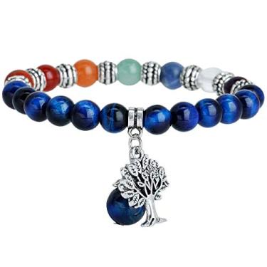 Imagem de Pulseira Nupuyai com pedra de árvore da vida unissex, elástica com 7 chacras, pulseira de pulso para homens e mulheres Multicor