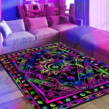 Imagem de EISKBC Tapete de Área com Luz Negra, Neon UV Reativo Lua Celestial Estrela Planeta, Tapete Antiderrapante Fluorescente Boho Hippie, Decoração de Quarto que Brilha no Escuro, 119 x 178 cm