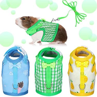 Imagem de Weewooday 3 peças de arnês para porquinhos-da-índia com coleira para animais de estimação pequenos, estampa xadrez de frutas, colete acolchoado ajustável para caminhar, hamster, animais esquilos
