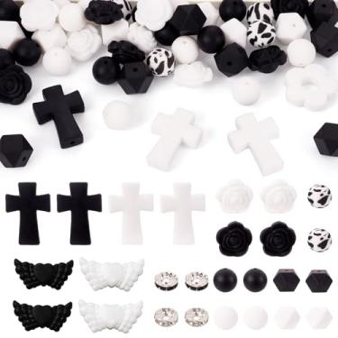 Imagem de Beadthoven 101 contas de silicone para canetas, contas focais cruzadas de asa de anjo para canetas, contas espaçadoras de strass, contas de silicone de flor preta e branca para chaveiro, pulseiras,