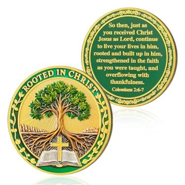 Imagem de Moedas do Desafio Cristão da Árvore da Vida Jesus Moeda da Bíblia Colossenses 2:6-7 Jesus Deus Cristão Oração Token Arte Bolso Versos da Bíblia Jesus Presentes Religiosos para Homens Mulheres