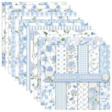 Imagem de GLKTOPO Cartolina floral dupla face em aquarela de 30,5 x 30,5 cm, 24 folhas de papel para scrapbook rosa primavera/azul, decoração impressa premium para fazer cartões, diário de arte, álbum de