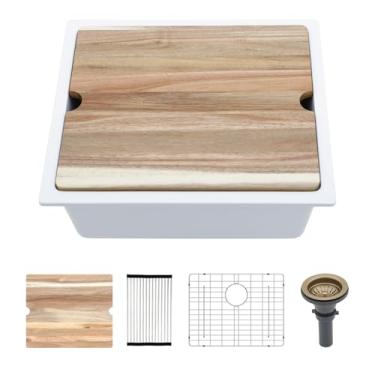 Imagem de Kichae Pia de barra de montagem subterrânea branca - 53 x 45,7 cm de granito composto preto para preparação de pia de cozinha