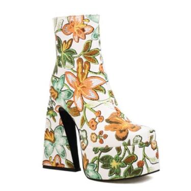 Imagem de Rock88 Botas femininas com estampa floral, plataforma com salto alto e zíper, botas curtas para compras e trabalho, amarela, 41