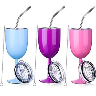 Imagem de Geiserailie Copos de vinho com haste de aço inoxidável com tampa, copo de vinho isolado de parede dupla com canudo e pincel de canudo 293 g para presentes de verão (rosa, roxo, azul claro, 3 peças)