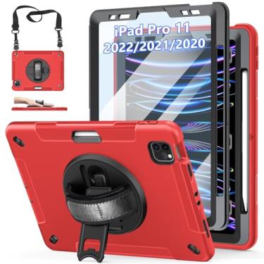 Imagem de Capa para iPad Pro 11 polegadas 2022/2021/2020/2018: Capa para iPad 11 polegadas 4ª/3ª/2ª/1ª/1ª geração com protetor de tela - suporte - alça de ombro - suporte de lápis vermelho