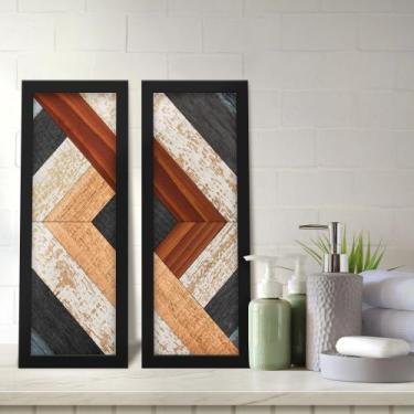 Imagem de Kit 2 Quadros Decorativos Lavabo Abstrato Madeira Ripa Marrom Bege Pre
