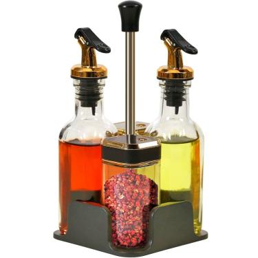 Imagem de Porta Temperos Galheteiro Condimentos Dourado Suporte 4Pçs