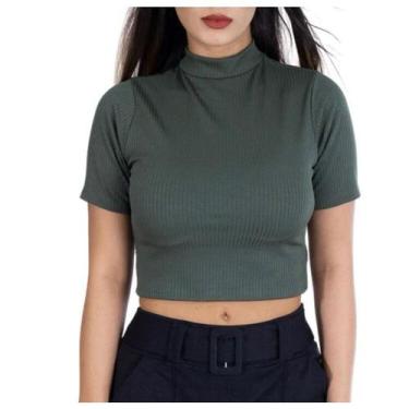 Imagem de Blusa cropped canelado básico manga curta gola alta feminino estilo - 