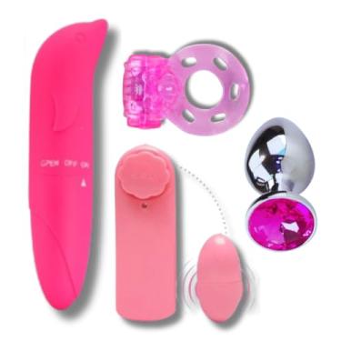 Imagem de Kit Vibrador Golfinho + Xana Loca + Ku Loco + Plug Anal P + Egg Ovo Masturbador + Anel Peniano (Kit Rosa)