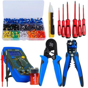Imagem de Kit Eletricista Profissional 6 Peças | Alicate Desencapador, Crimpador, Jogo de Chaves Fenda e Phillips, Caneta Detectora de Tensão e Conectores – Ferramentas Elétricas Industriais e Residenciais