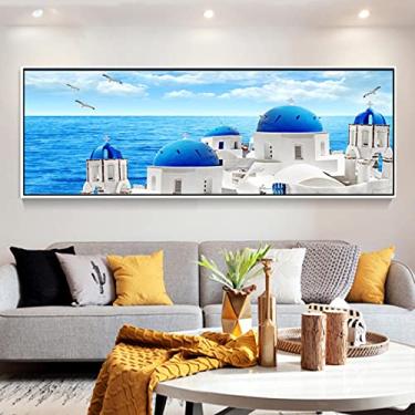 Imagem de JZSDGB Tela de parede branca e azul do Mar Egeu Mediterrâneo - Imagens de arte de paisagem moderna - Pinturas panorâmicas impressas em tela - Impressão de arte de pôster de natureza 80 x 240 cm (32 x