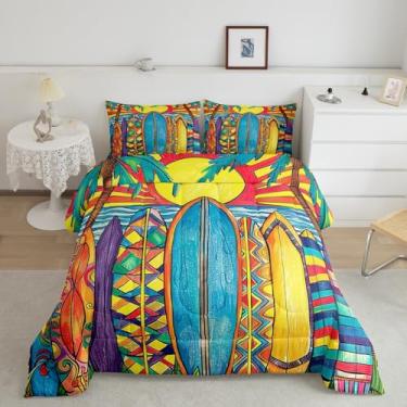 Imagem de Conjunto de edredom de prancha de surfe colorido, tamanho solteiro, para decoração de quarto de crianças, meninas, meninos, tema esportivo de surfe, 2 peças, enchimento de edredom havaiano romântico,