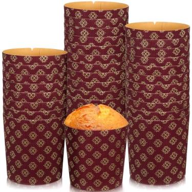 Imagem de 36 peças de molde de papel panetone moldes de papel para pão de páscoa ondulado panetone molde de forma de panela redonda descartável para cozinha assar pão muffin cupcake (marrom, 4,3 x 3,7 x 4,3