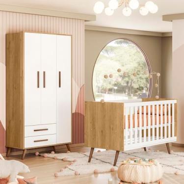 Imagem de Quarto de Bebe com Berço Americano 3820 e Roupeiro 3830 Qencanto Retrô Qmovi Freijó Branco Acetinado + Colchão Physical