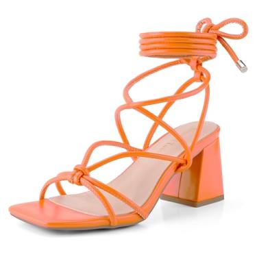Imagem de Shoe'N Tale Sandálias femininas de salto alto gladiador com tiras no tornozelo salto grosso salto bloco quadrado bico aberto sapatos sociais cruzados, Laranja, 36