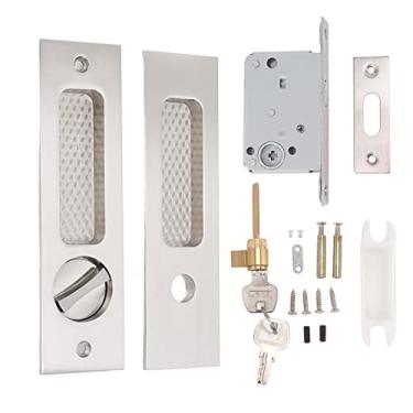 Imagem de Fechadura de encaixe para porta deslizante GRCFUMO, fechadura de encaixe para porta de liga de zinco, trava de porta deslizante, trava de maçaneta embutida de porta com 2 chaves (Níquel escovado)