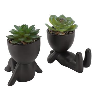 Imagem de Vaso de flores suculentas falso, fofo, inovador, mini vaso de flores falso para mesa de escritório, 2 peças (preto)