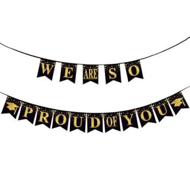 Imagem de hhdatc Class of 2025 Decorações de formatura Banners de festa preto e dourado We Are So Proud of You Guirlanda para suprimentos de festa de formatura, escola, casa e decorações de carro