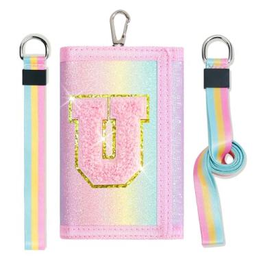 Imagem de cotmcor Carteiras infantis para meninas, adolescentes, 6-8, 8-10 anos, linda bolsa infantil com inicial de rebanho, bolso para moedas, glitter, arco-íris, carteira transversal para presentes de