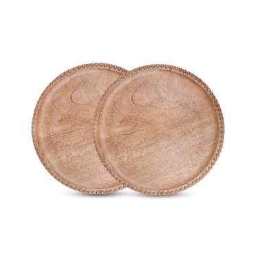 Imagem de Conjunto de 2 carregadores de madeira natural para pratos de jantar - Jogo americano decorativo com contas de madeira redondas de 33 cm para decoração de mesa de jantar, casamento, festa, reunião de