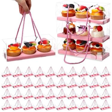 Imagem de Thenshop 40 caixas transparentes para cupcake, 22 x 7 x 7 cm, recipientes retangulares para cupcake, 3 compartimentos, embalagem de pastelaria, caixa de presente com alça de corda para festa de