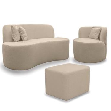 Imagem de Kit 1 Poltrona Com Sofá Curvo 2 Lugares Feijão mais Puff Retangular Bo