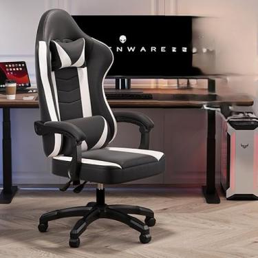 Imagem de Cadeira de jogos com apoio para os pés, cadeira de escritório ergonômica estilo corrida (preto)