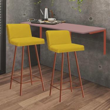 Imagem de Kit Mesa Suspensa de Parede Fixa mdf Rosa + 2 Banquetas Lexi Ferro Bronze Sintético Amarelo - Ahazzo Móveis