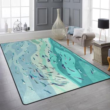 Imagem de Amorettise Tapete moderno para área de peixe costeiro, 2,8 m x 1,5 m, azul oceano, ondas do mar, tapete antiderrapante para sala de estar, sala de jantar, decoração de quarto
