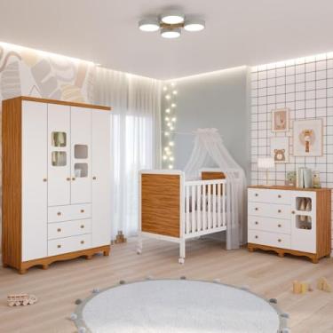 Imagem de Quarto de Bebê Completo Guarda Roupa Uli 4 Portas 3 Gavetas Berço Mini Cama Cloe 2 Em 1 Cômoda Uli 4 Gavetas 1 Porta Móveis Peroba