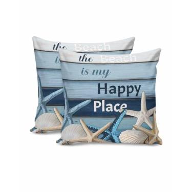 Imagem de Pacote com 2 capas de travesseiro 45,7 x 45,7 cm, decoração de casco de estrela do mar, para ambientes externos, textura de madeira, algodão, linho, fronhas quadradas para sofá, quarto, pátio