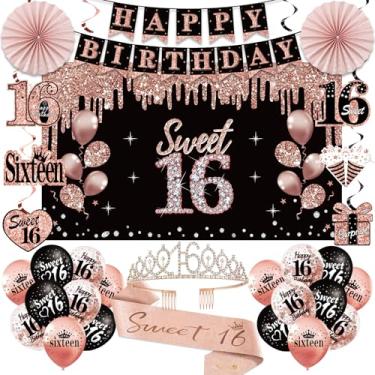 Imagem de Uiorgui Decorações De Aniversário 16 Anos Para Meninas, 33 Coroas E Faixas Festa Anos, Balões Em Ouro Rosa Preto, Papel Pendurar, Leques Papel, Kit Decoração