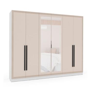 Imagem de Guarda-Roupa Casal com Espelho Valência 6 Portas 4 Gavetas Branco e Creme