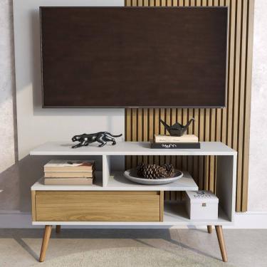 Imagem de Rack Aparador Estante para Tv 55 Polegadas com Porta Nicho Prateleira Pés Palito Retro Branco/Freijó