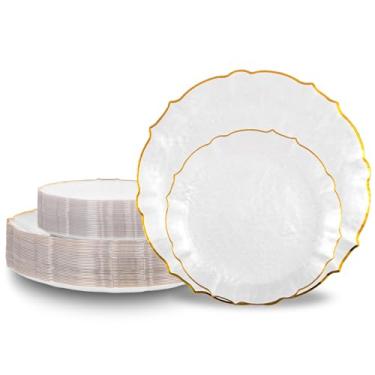 Imagem de Lullaby 100pcs Translucent‌ White Plastic Plates with Gold Rim, Fancy Lace-Edged Disposable Plates include 50pcs Dinner Plate 10”, 50pcs Dessert Plate 7”, Perfect for Party, Wedding, Holiday