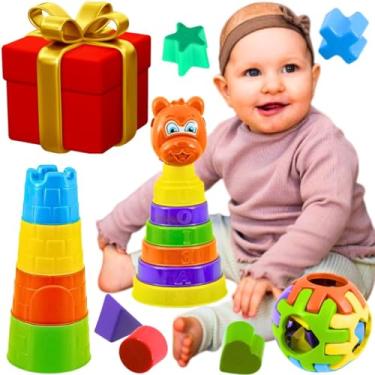 Imagem de Kit Brinquedos pedagógicos formas geométricas torre encaixar montar educativo jogos escolar creche fundamental infantil didático lúdico presente dia das crianças 2 anos bebe natal aniversário