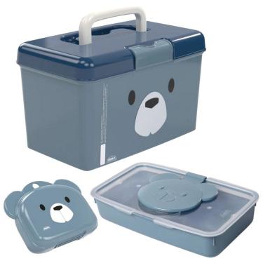 Imagem de Kit caixa organizadora com alça, porta lenços umedecidos e saboneteira urso Plasutil