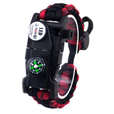 Imagem de Pulseira de sobrevivência de corda de paraquedista daarcin, com luz SOS à prova d'água, ignição de fogo, bússola, apito, ajustável AK87 20 em 1, conjunto de equipamentos de sobrevivência tática ao ar livre, presente para crianças, homens (vermelho-preto)
