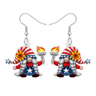 Imagem de DALANE Brincos de gnomo de acrílico engraçado 4 de julho, roupa com chapéu de bandeira americana, brincos patrióticos pendurados no Dia da Independência, joias exclusivas de gnomos anões, presentes