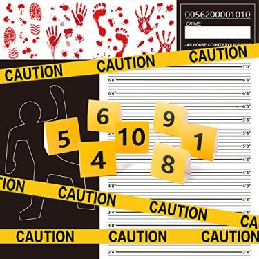 Imagem de Ticiaga 29pcs Crime Scene Decors Kits, Body Silhouette Crime Scene Tape Evidence Markers and Bloody Sticker and Photo-Booth Props with Height Chart Backdrop Poster, Home for Crime Scene Party Decors