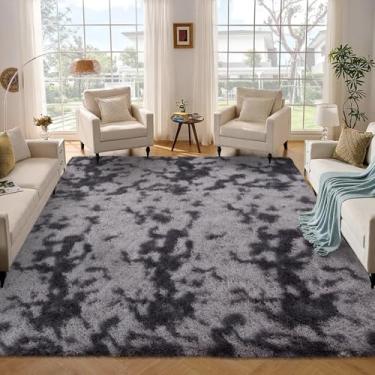 Imagem de COZYLOOM Tapete de área grande, 20 x 25 cm, felpudo, felpudo, felpudo, para sala de estar, tapete felpudo grosso para quarto, antiderrapante, macio, para decoração de casa, tie-dye cinza escuro