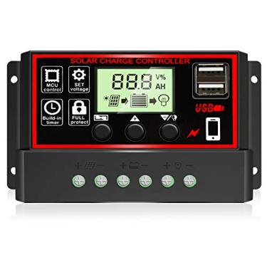 Imagem de [2020 atualizado] Controlador de carga solar 30A, regulador inteligente de bateria de painel solar preto com porta USB dupla 12V/24V PWM Parâmetros automáticos visor LCD ajustável