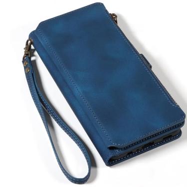 Imagem de LYJSMGZ Capa de couro para Samsung Galaxy S25 Edge, capa flip carteira com zíper com alça de pulso capa de proteção contra quedas fecho magnético capa macia, azul, borda S25
