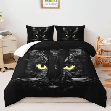 Imagem de AILONEN Conjunto de edredom Queen de gato preto 3D, amantes de gatos, design animal, para crianças, meninas, gato no esconderijo, conjunto de edredom para todas as estações, 1 colcha + 2 fronhas, 3